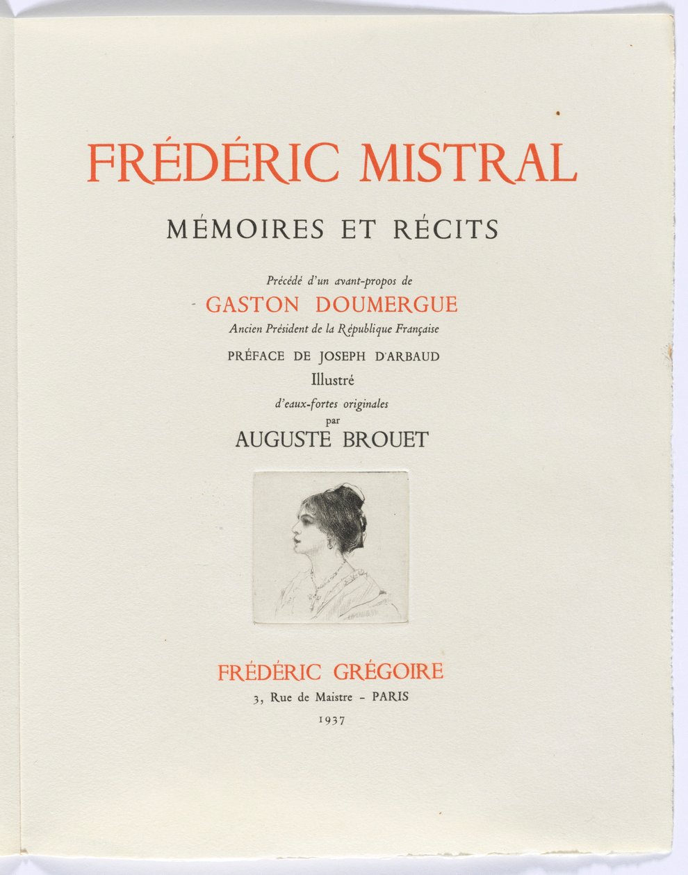 Frédéric Mistral: Mémoires et Recits av Frédéric Mistral: titelsida, byst av kvinna i profil av Auguste Brouet