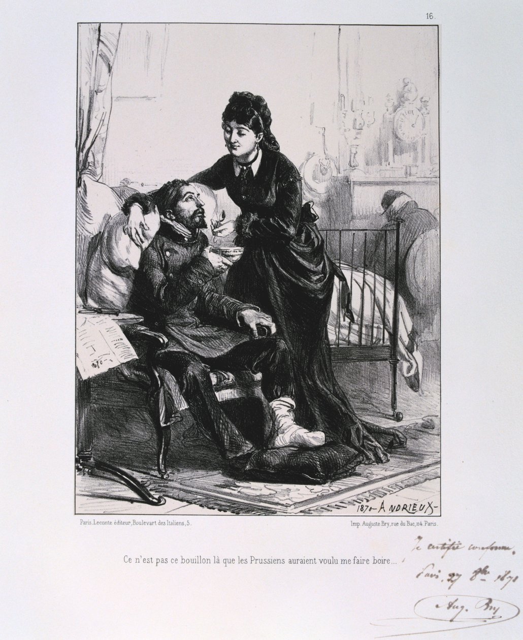En kvinna som matar en sårad soldatsoppa, belägringen av Paris, fransk-preussiska kriget, 1870 1871 av Auguste Bry