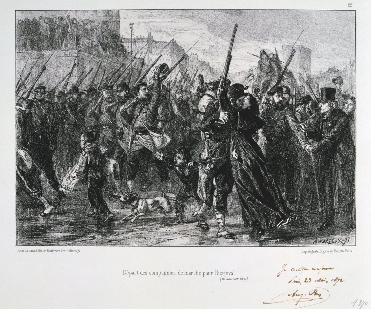 Franska soldater avgår till Buzenval, belägringen av Paris, fransk-preussiska kriget, 18 januari 1871 1872 av Auguste Bry