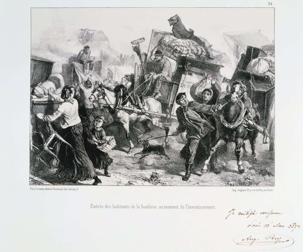 Invånare i förorterna anländer till Paris innan preussarna belägrade staden, 1870 1872 av Auguste Bry
