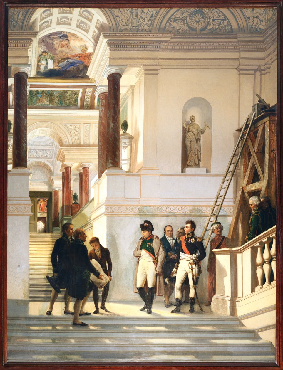 Napoleon I besöker Louvrens trappa i sällskap med arkitekterna Percier och Fontaine ... av Auguste Couder
