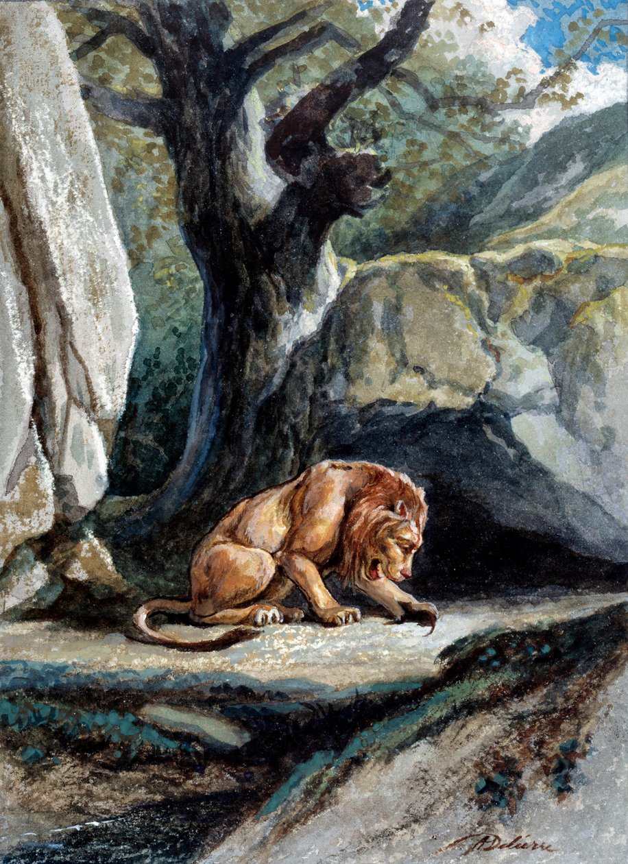Illustration av fabeln "Lejonet och råttan"" av Jean de La Fontaine. Akvarell av Auguste Delierre (1829-c.1890) av Auguste Delierre