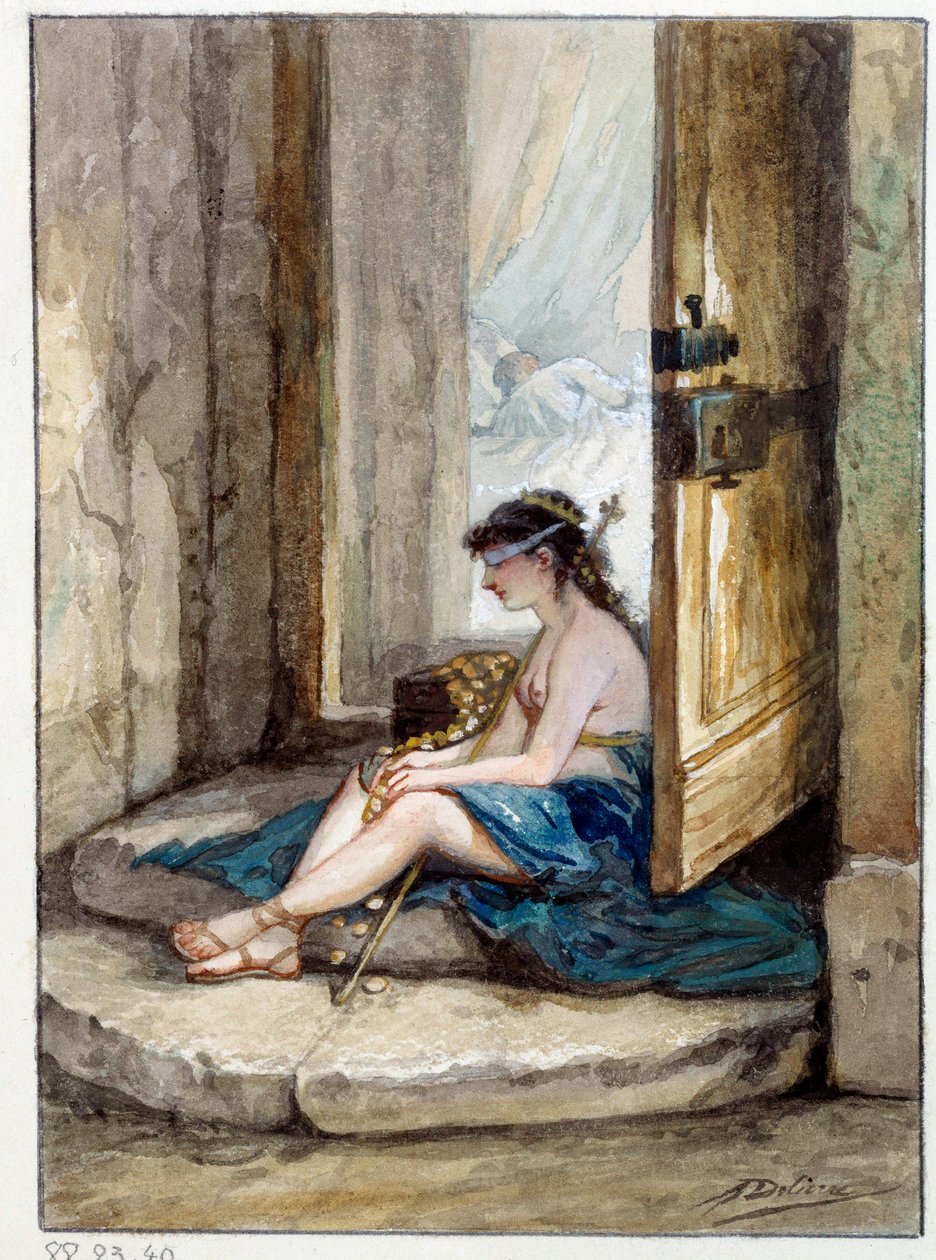 Illustration av fabeln "Mannen som springer efter förmögenhet och mannen som väntar på honom i sin säng"" av Jean de La Fontaine. Akvarell av Auguste Delierre (1829-c.1890) av Auguste Delierre