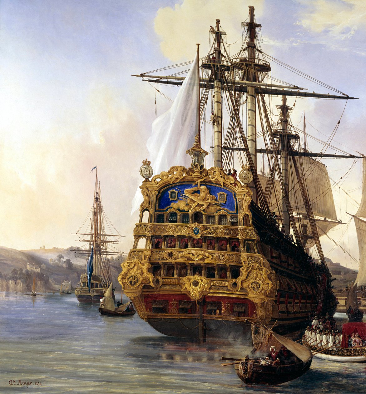 Skeppet "le foudroyant" i hamnen i Brest 1724"" Detalj. målning av Auguste Mayer (1805-1890) 1724 Brest, Museum of Fine Arts - Skeppet "" Le Foudroyant""" i Brests hamn av Auguste Etienne Francois Mayer