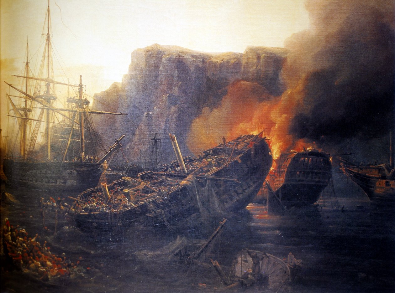 Franska:  Le soir de la bataille de Navarin, 1827 Kvällen för slaget vid Navarino av Auguste Etienne Francois Mayer