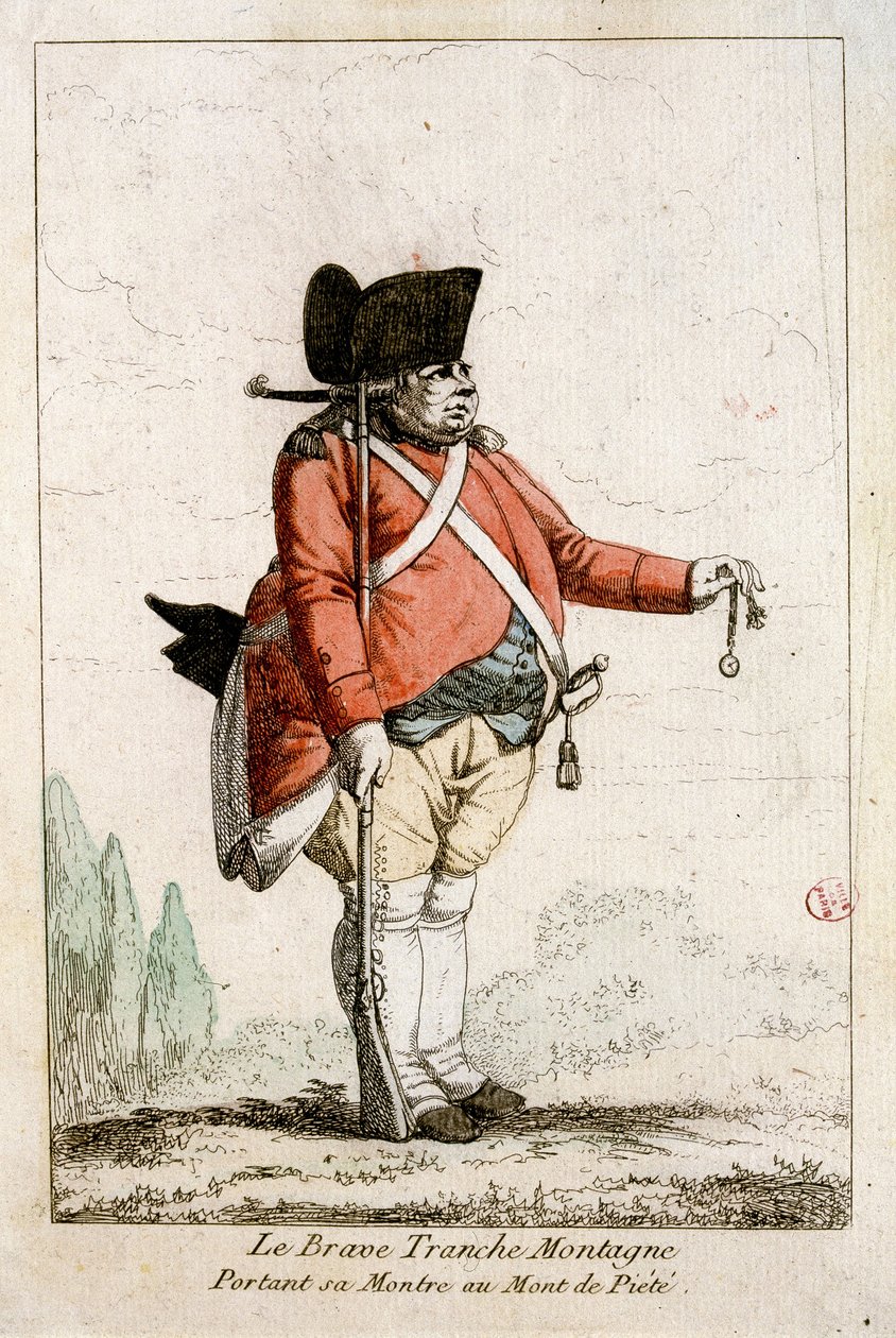 Den modiga Slice Mountain bär sin klocka på Piety Mountain. I "" Dräkter från revolutionens tid 1790-1793"". Färgglada vatten i Mr. Guillaumot Jr. av Auguste Etienne fils Guillaumot