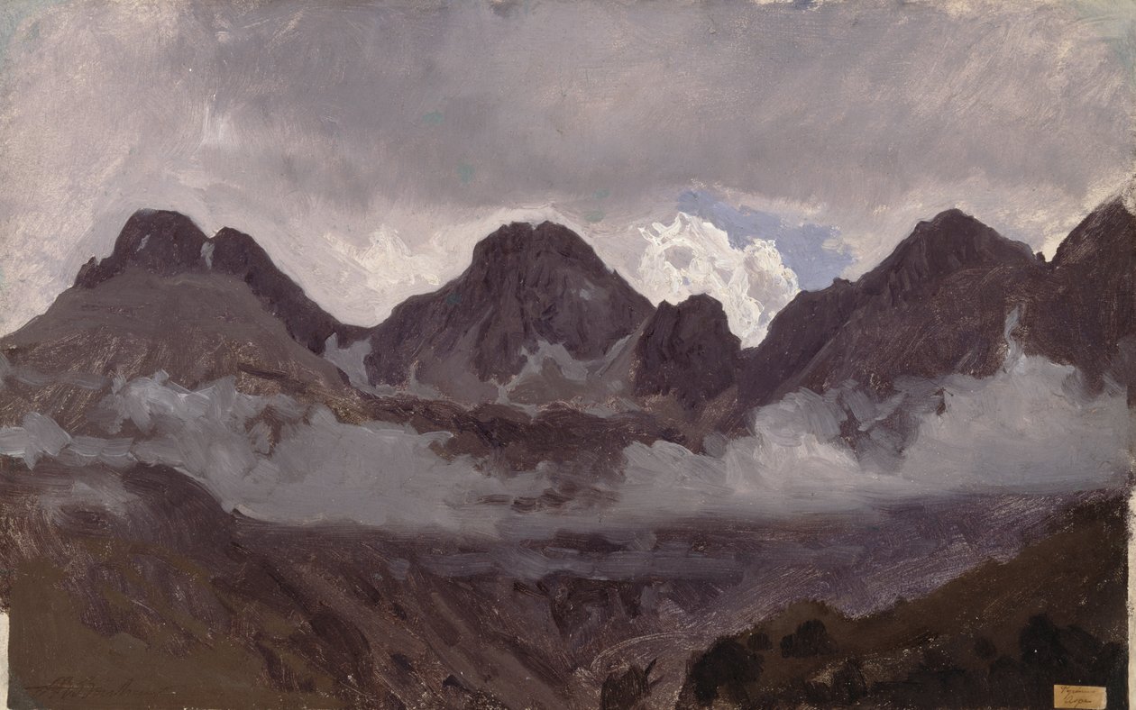 Mountains with Mist, mitten av 1850-talet (olja på papper monterad på duk) av Auguste Francois Bonheur