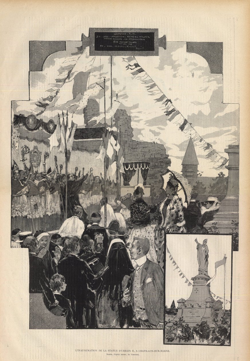 Invigning av statyn av påven Urban II i CHATILLON-SUR-MARNE den 21 juli 1887. Drawing d