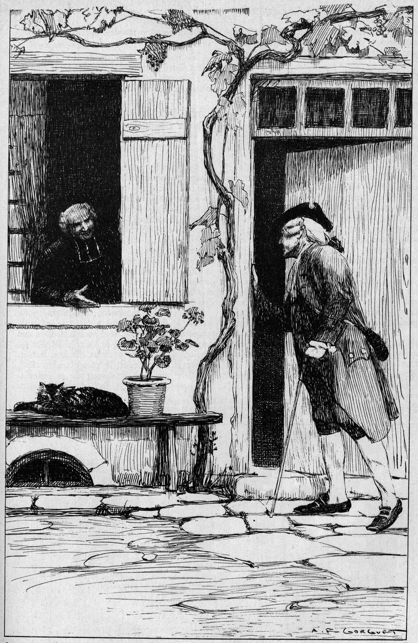 Församlingen i byn Ermenonville bjuder in filosofen Jean Jacques Rousseau (1712-1778) att gå in i hans presbyterium. Oise (60). Illustration av Auguste Francois Gorguet (1862-1927) av Auguste Francois Gorguet