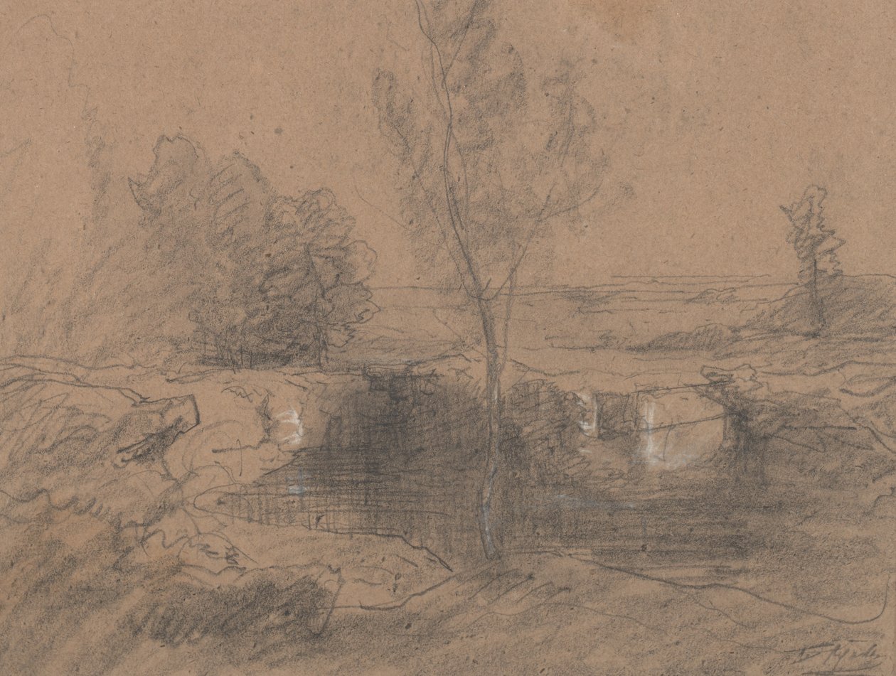 Landskap, ca 1853-65 (blyerts och tvätt på papper) av Auguste Francois Ravier