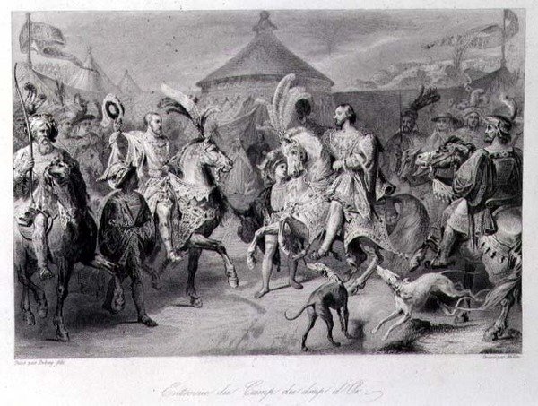 Mötet på guldtygets fält, 24 juni 1520, graverat av Millin (gravyr) av Auguste Hyacinthe (after) Debay