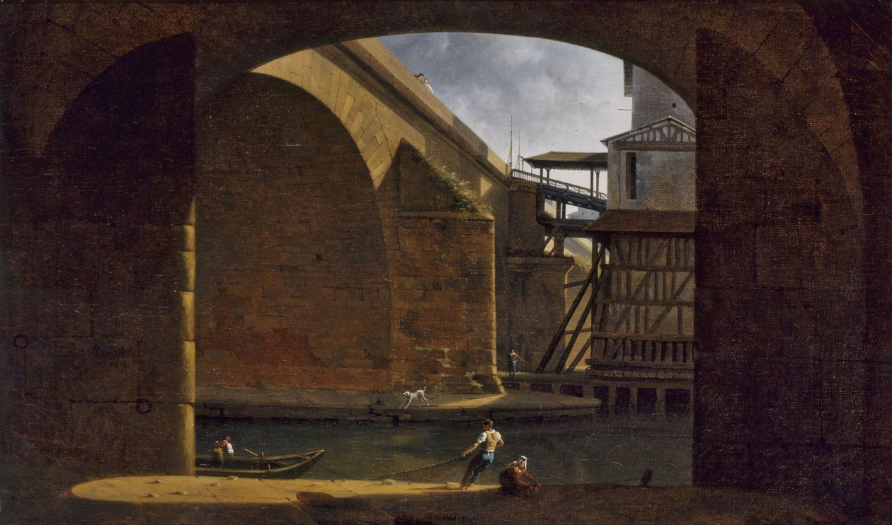 Notre-Dame-bron och pumpen, sett från den välvda Quai de Gesvres, 1816 (olja på duk) av Auguste Jacques Regnier
