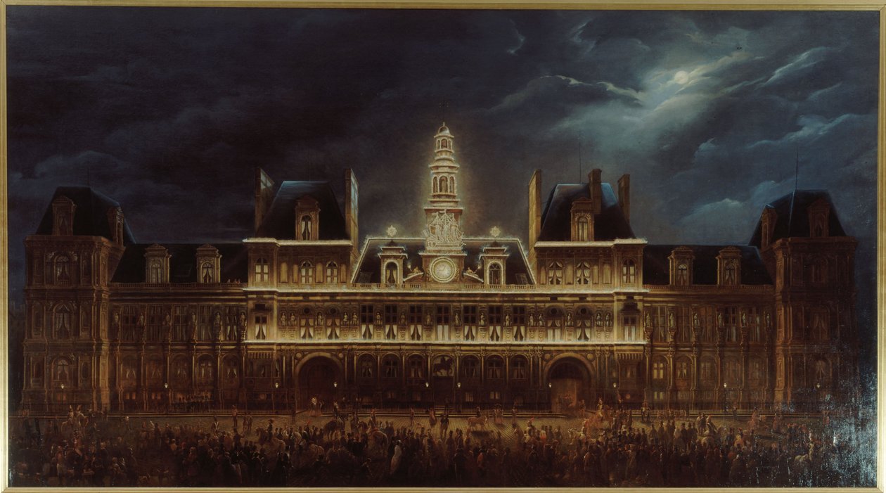 Illumination av Hôtel de Ville på kungens dag, den 1 maj av Auguste Jean Simon Roux