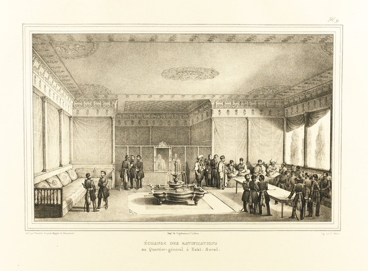 Undertecknande av Adrianopel-fördraget vid det gamla palatset i Edirne, 1834 av Auguste Joseph Desarnod