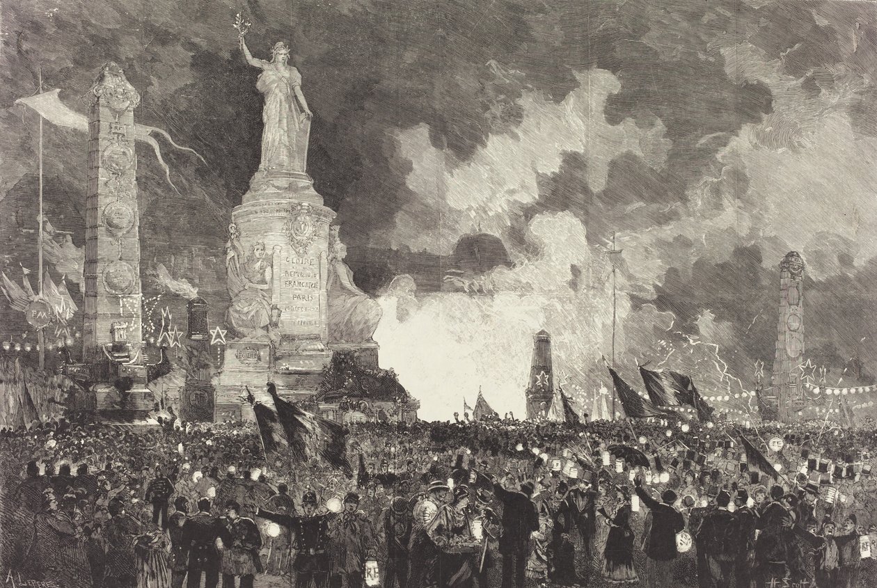14 juli. Belysning av Place de la République, 1883. av Auguste Lepere