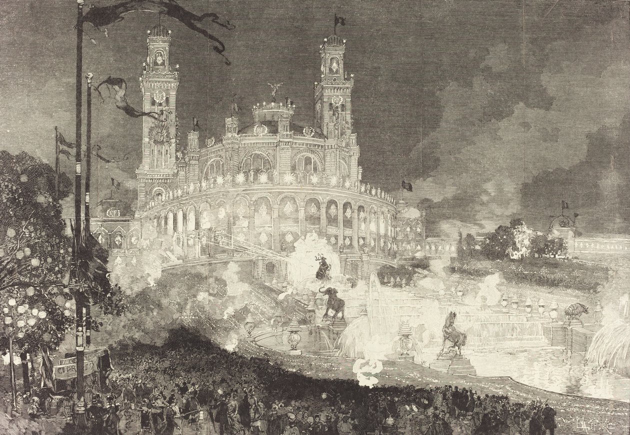 14 juli. Belysning av Palais du Trocadéro, 1883. av Auguste Lepere