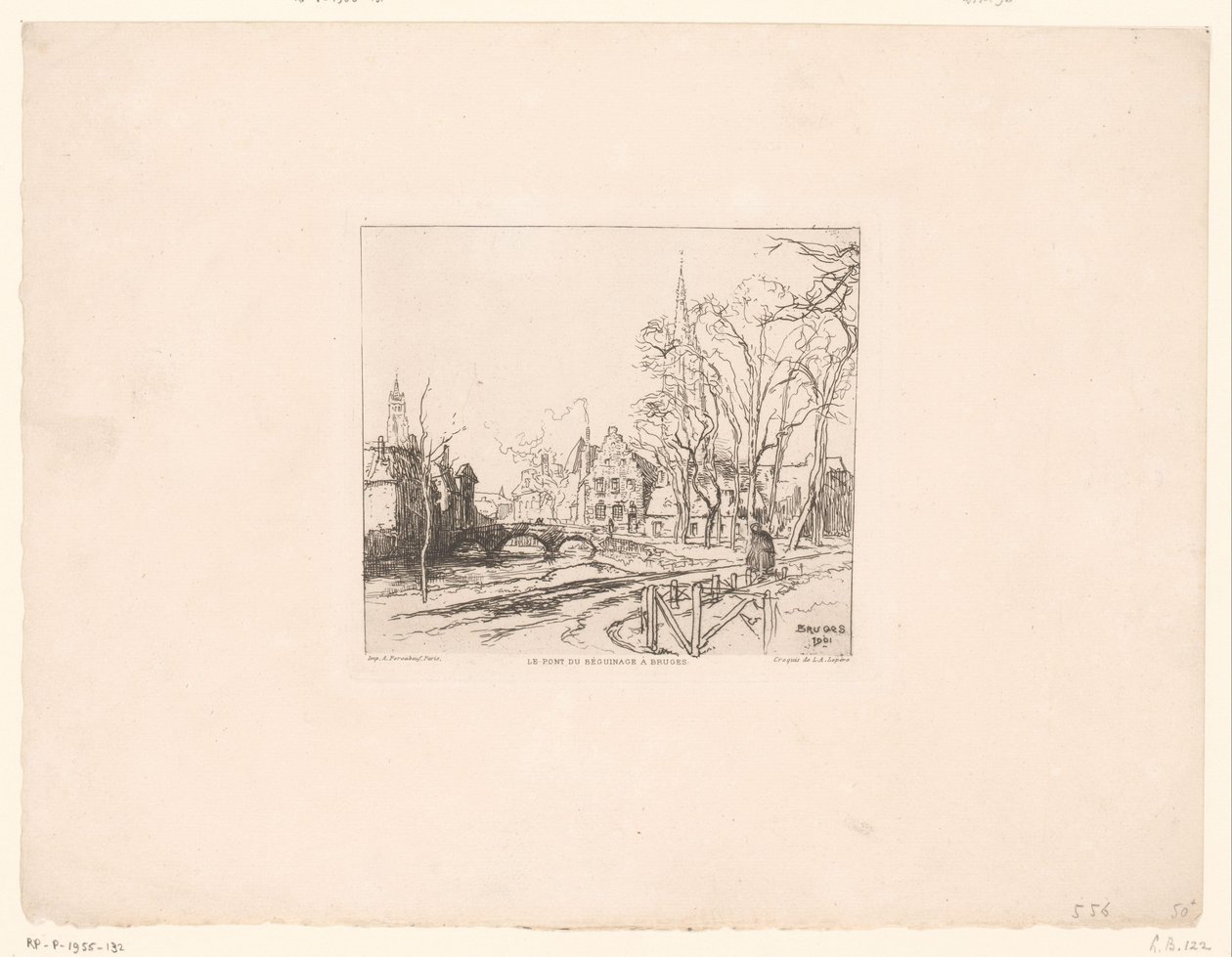 Utsikt över bron vid Begijnhof i Brygge Le pont du Beguinage à Bruges (titel på objektet) av Auguste Lepere