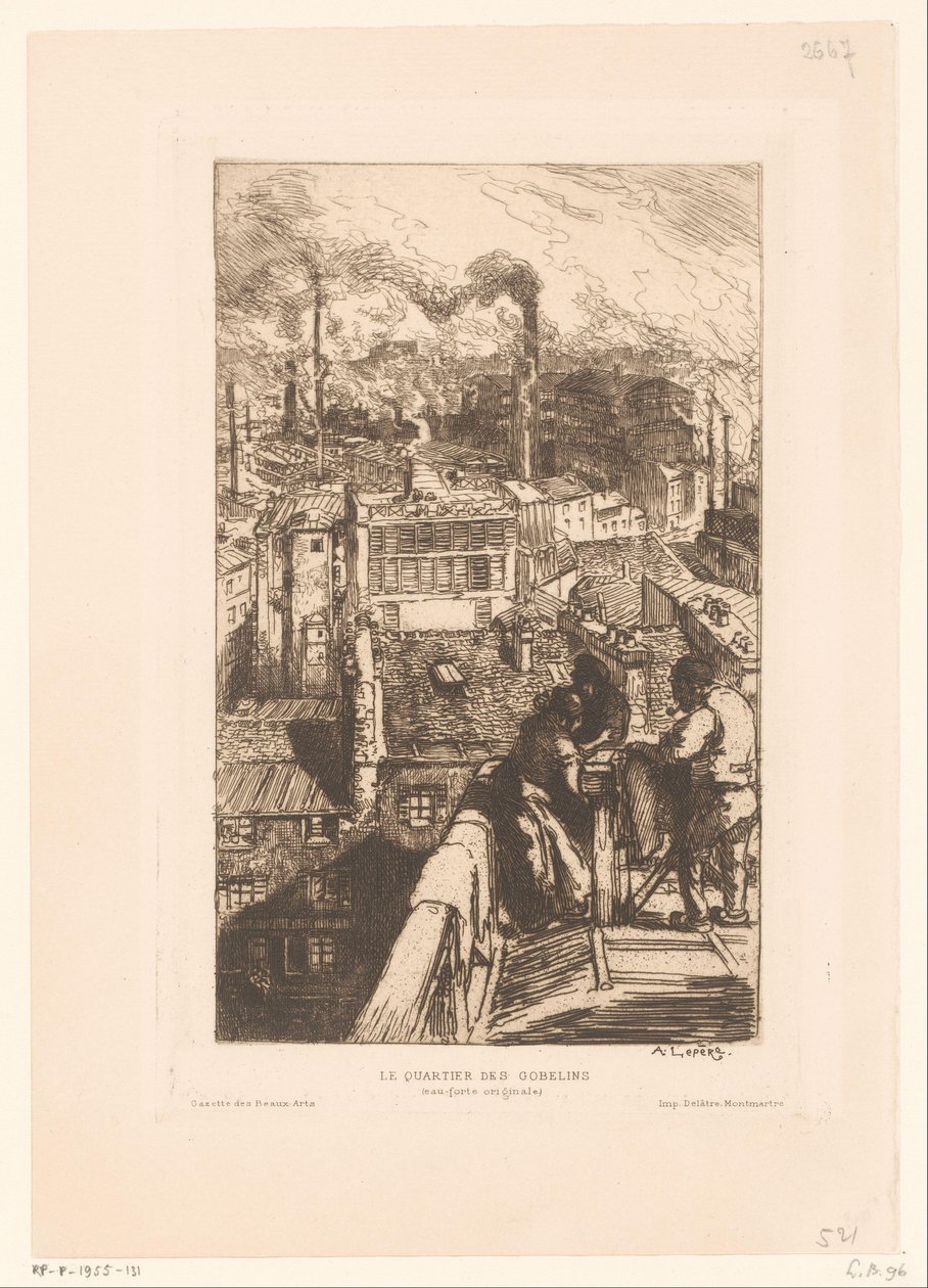 Utsikt över taken i Gobelins-distriktet i Paris Le quartier des Gobelins (titel på objekt) av Auguste Lepere