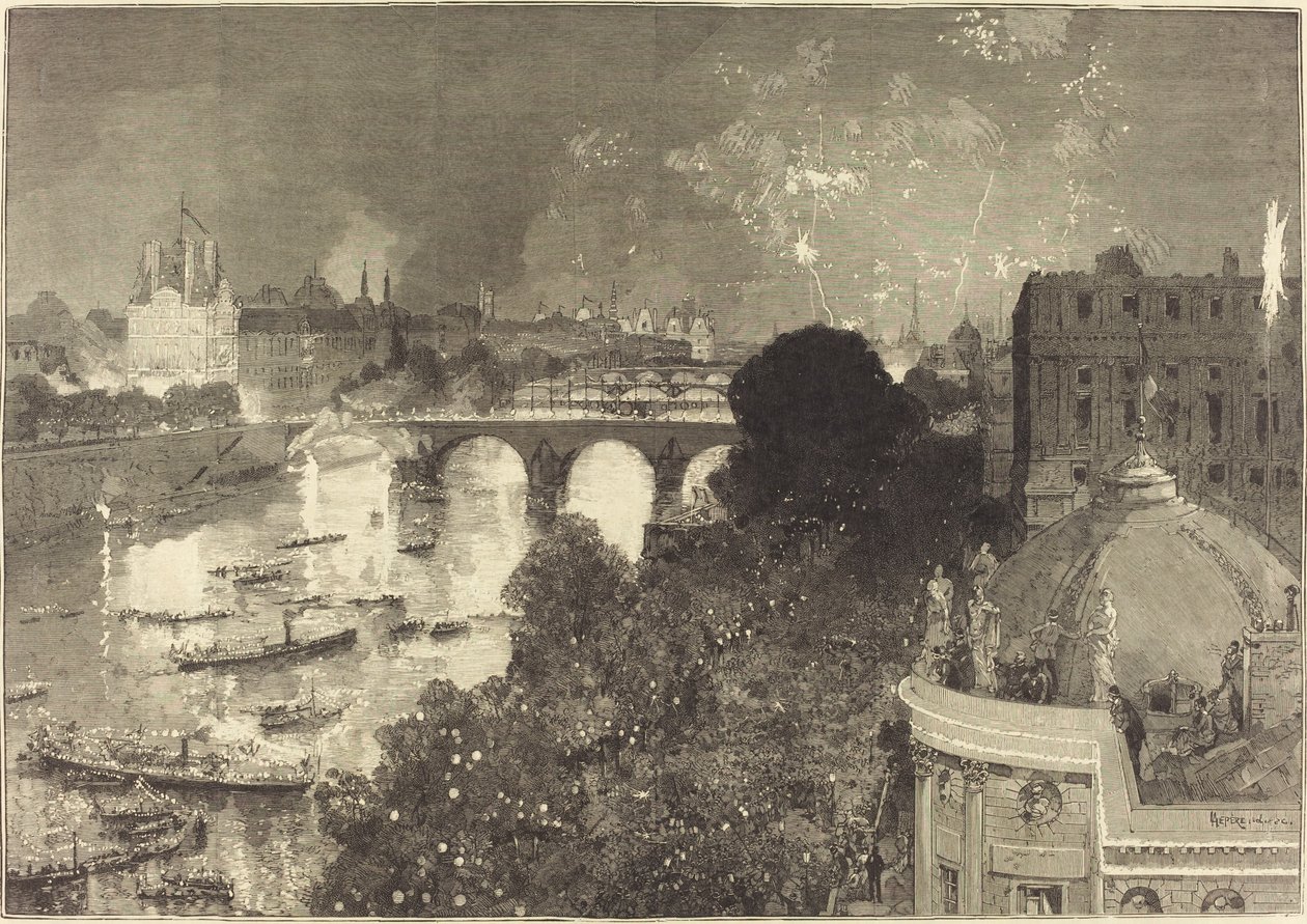 Den 14 juli. Belysning av Seine från Pont Neuf till Pont au Change av Auguste Lepere