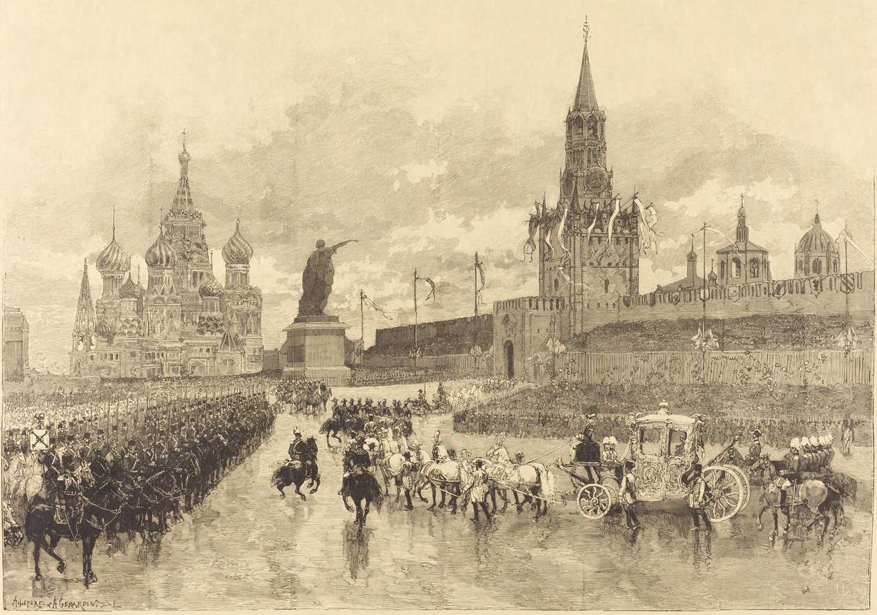 Tsarens kröning. Imperial Cortège korsar Place Royale, 1883. av Auguste Lepere