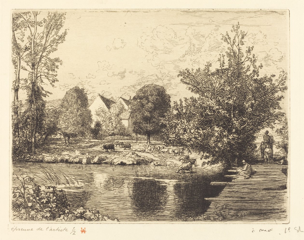 Gammal gångbro, Banks of the Small Morin (Vieille passerelle, bords du petit morin) av Auguste Lepere