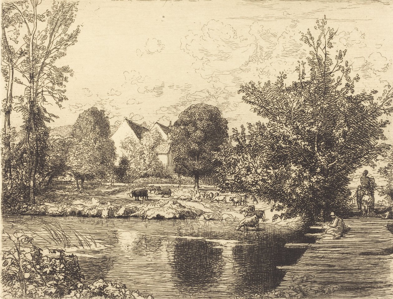 Gammal gångbro, Banks of the Small Morin Vieille passerelle, bords du petit morin, 1915. av Auguste Lepere