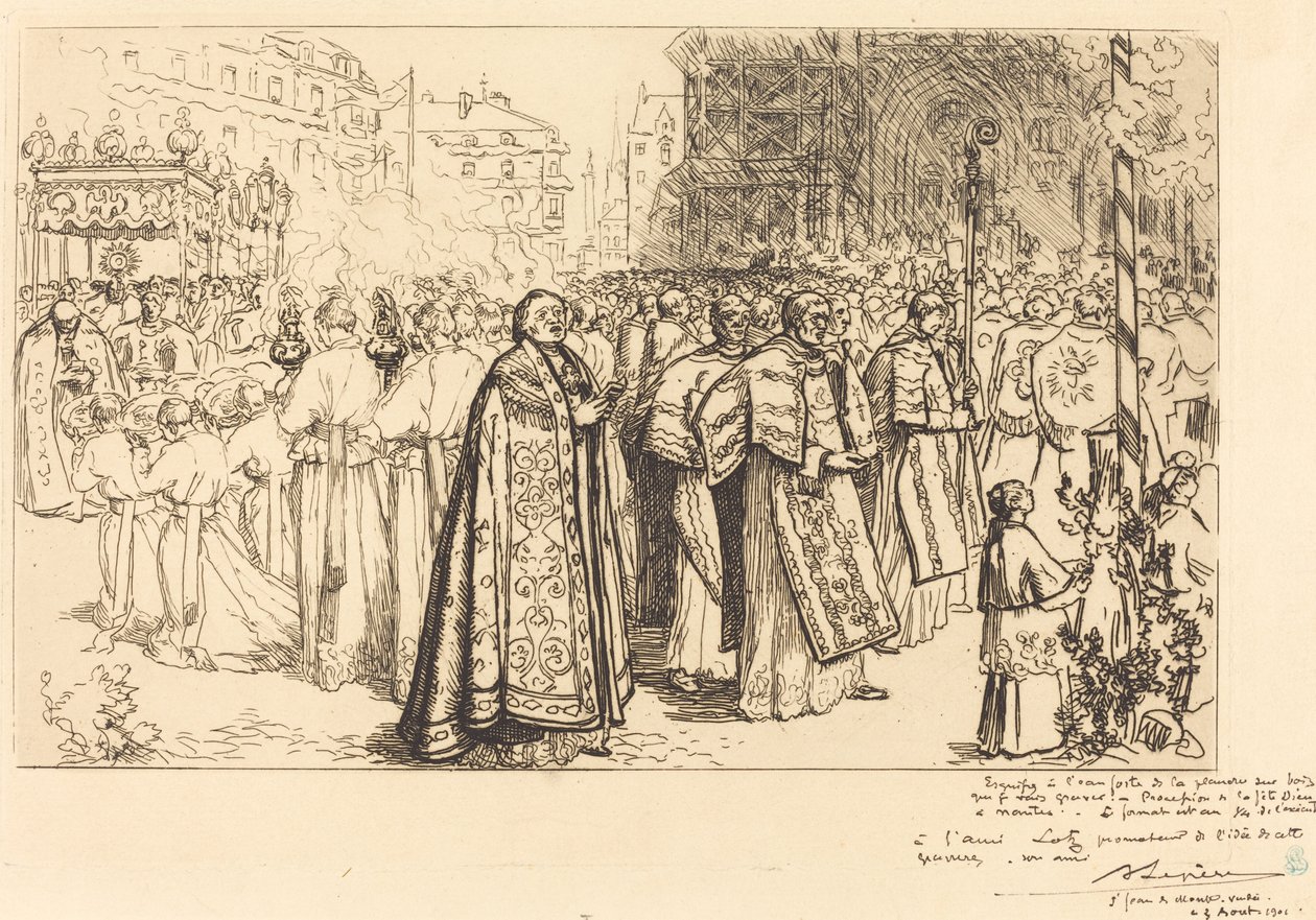 Processionens återkomst till Nantes katedral (Rentree de la Procession a la Cathedral de Nantes) av Auguste Lepere