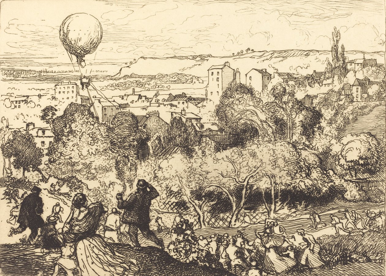Den fallande ballongen, i Pre-Saint-Gervais Lebaloon qui grav, vid Pre-Saint-Gervais, 1910. av Auguste Lepere