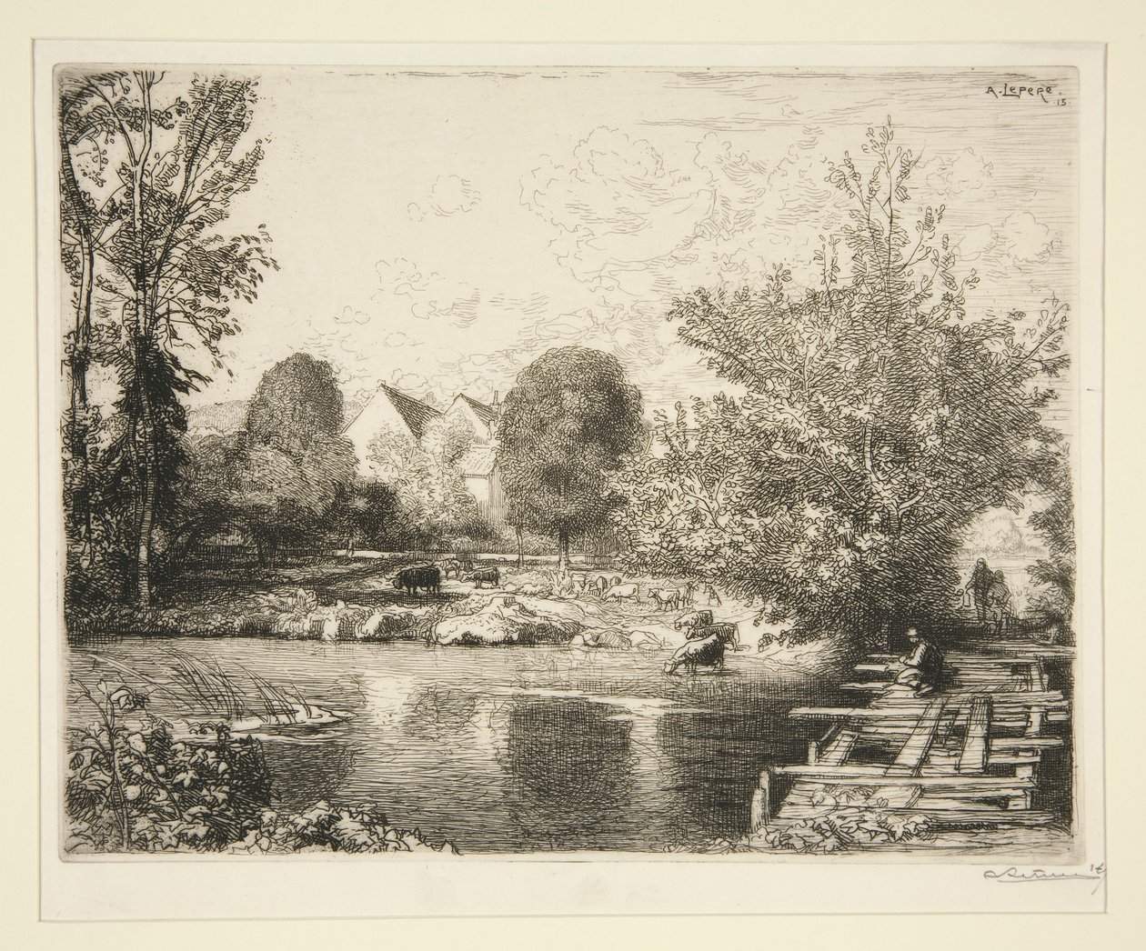 Vieille passerelle, bords du petit Morin (Gammal gångbro, Banks of the Small Morin) av Auguste Lepere