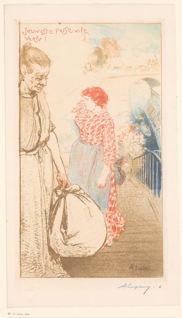 Tvättkvinnor på en trappa längs Seine Jeunesse passe vite vertu! (titel på objekt) av Auguste Lepère (signed by artist)