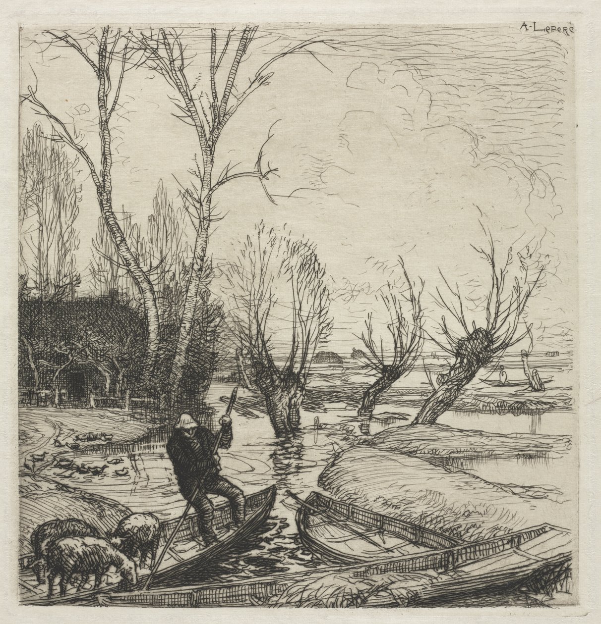 [Man i en båt med tre får] av Auguste Louis Lepère