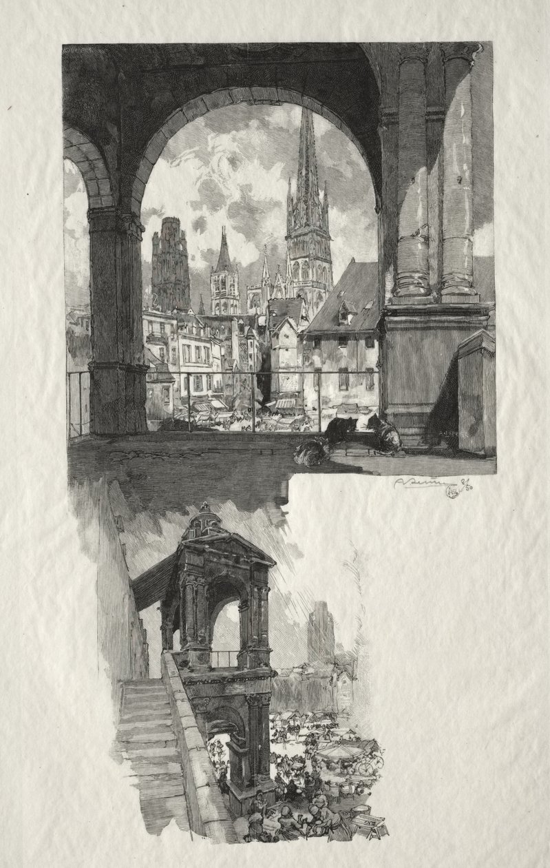 Illustrerad Rouen: Place de la Haute Vieille Tour; Aedicule of Pride av Auguste Louis Lepère