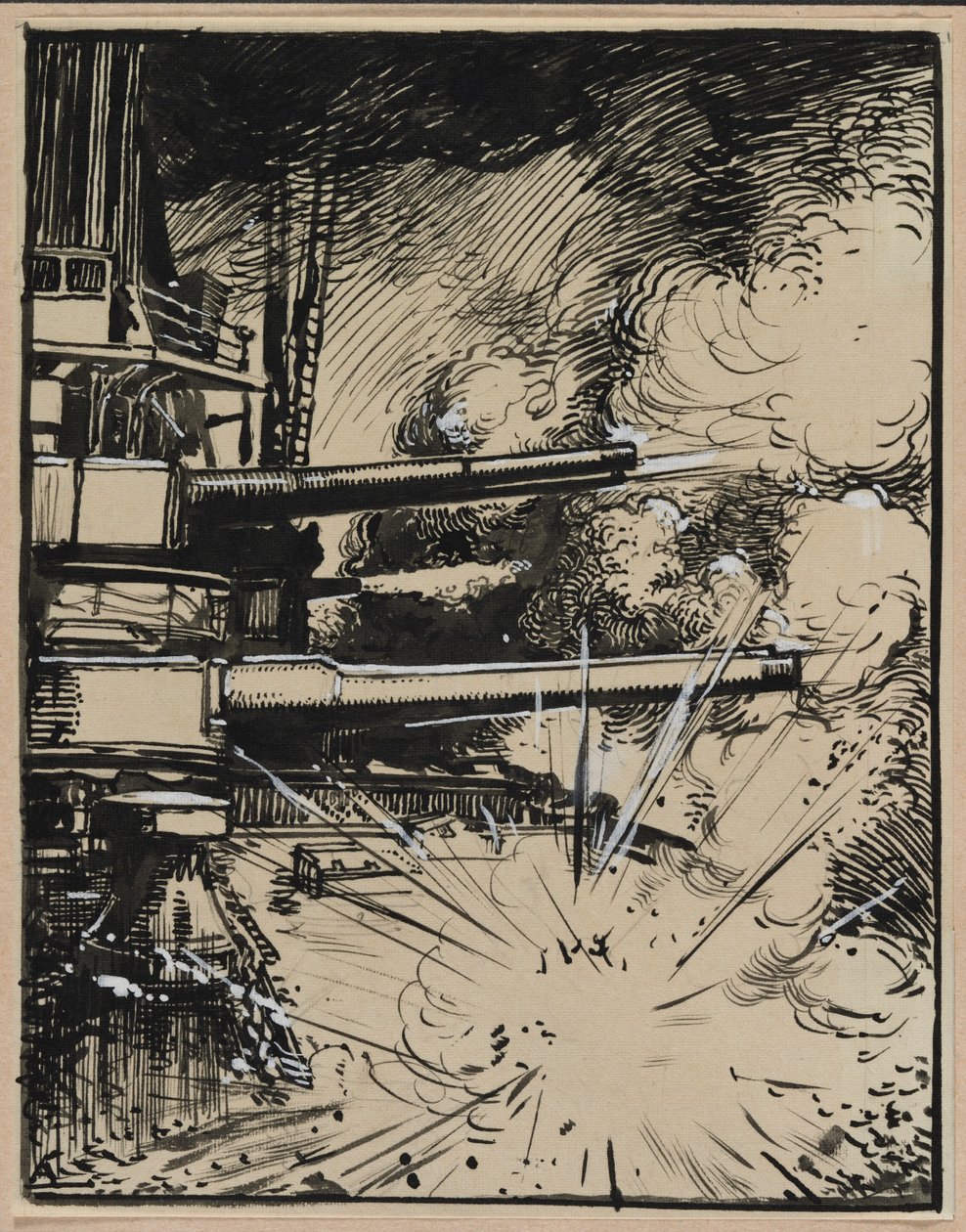 Bomb exploderar på en kuras med kanoner riktade, 1914. av Auguste Louis Lepère