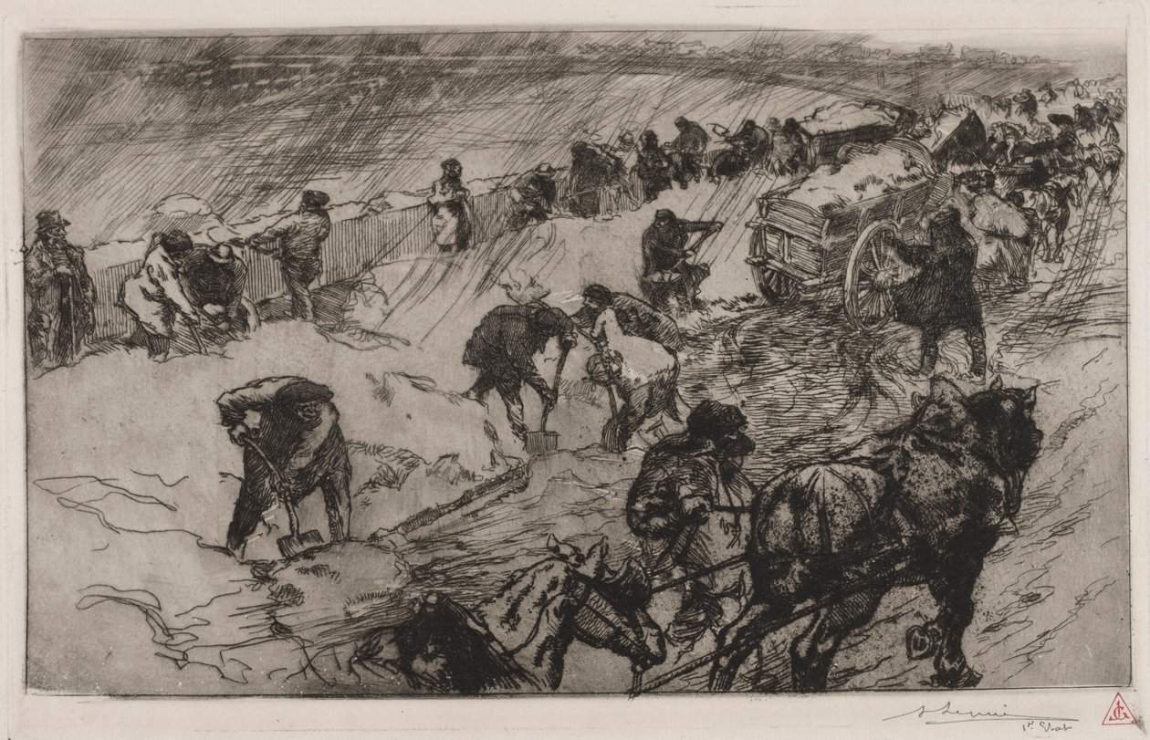 Kampen mot snön, Quai aux Fleurs, 1890. av Auguste Louis Lepère