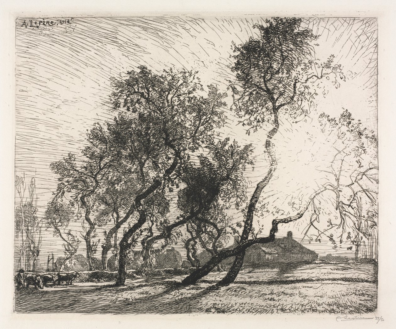 Gård med poppelträd i Holland, 1914. av Auguste Louis Lepère