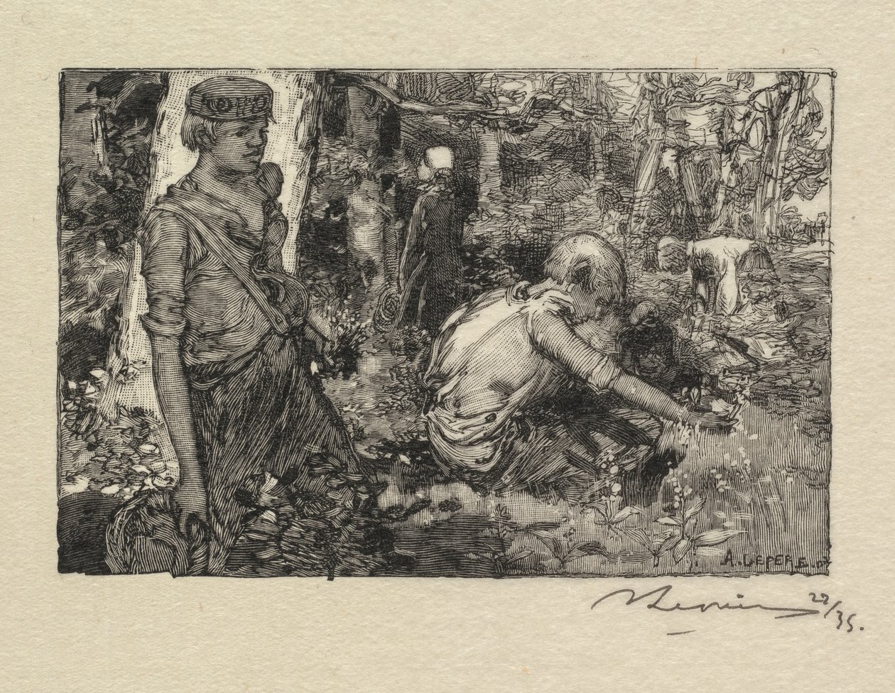 Fontainebleau Forest: Gatherine Liljekonvalj La Forêt de Fontainebleau..., 1890. av Auguste Louis Lepère