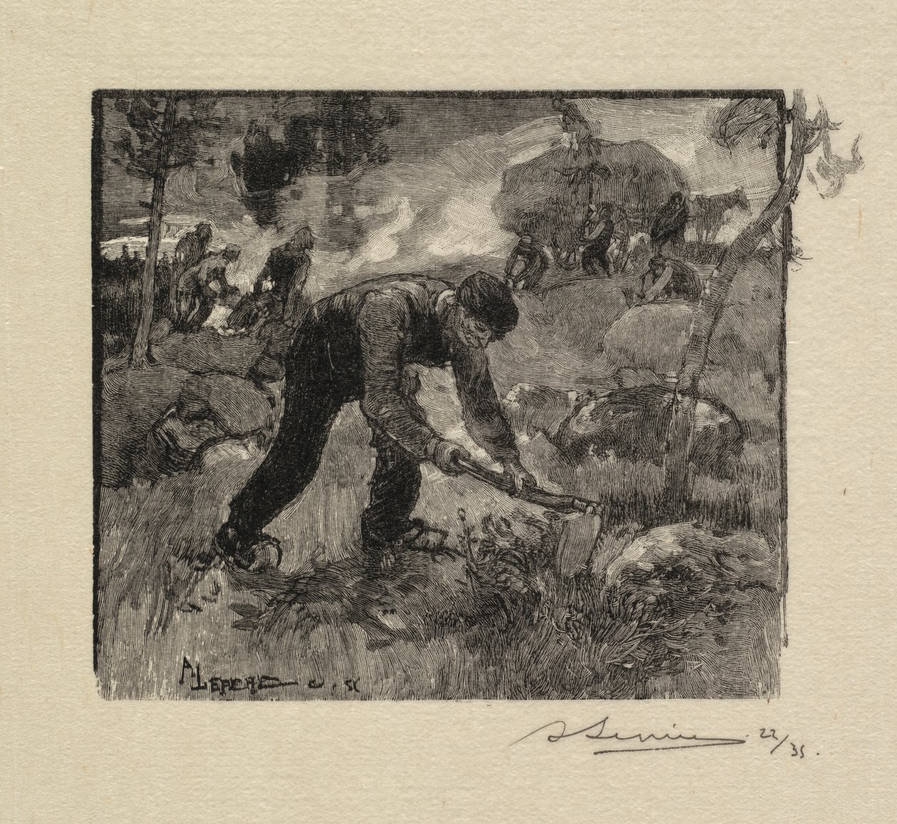 Fontainebleau-skogen: Dra ljungen La Forêt de Fontainebleau: Arracheurs de Bruyères, 1890. av Auguste Louis Lepère