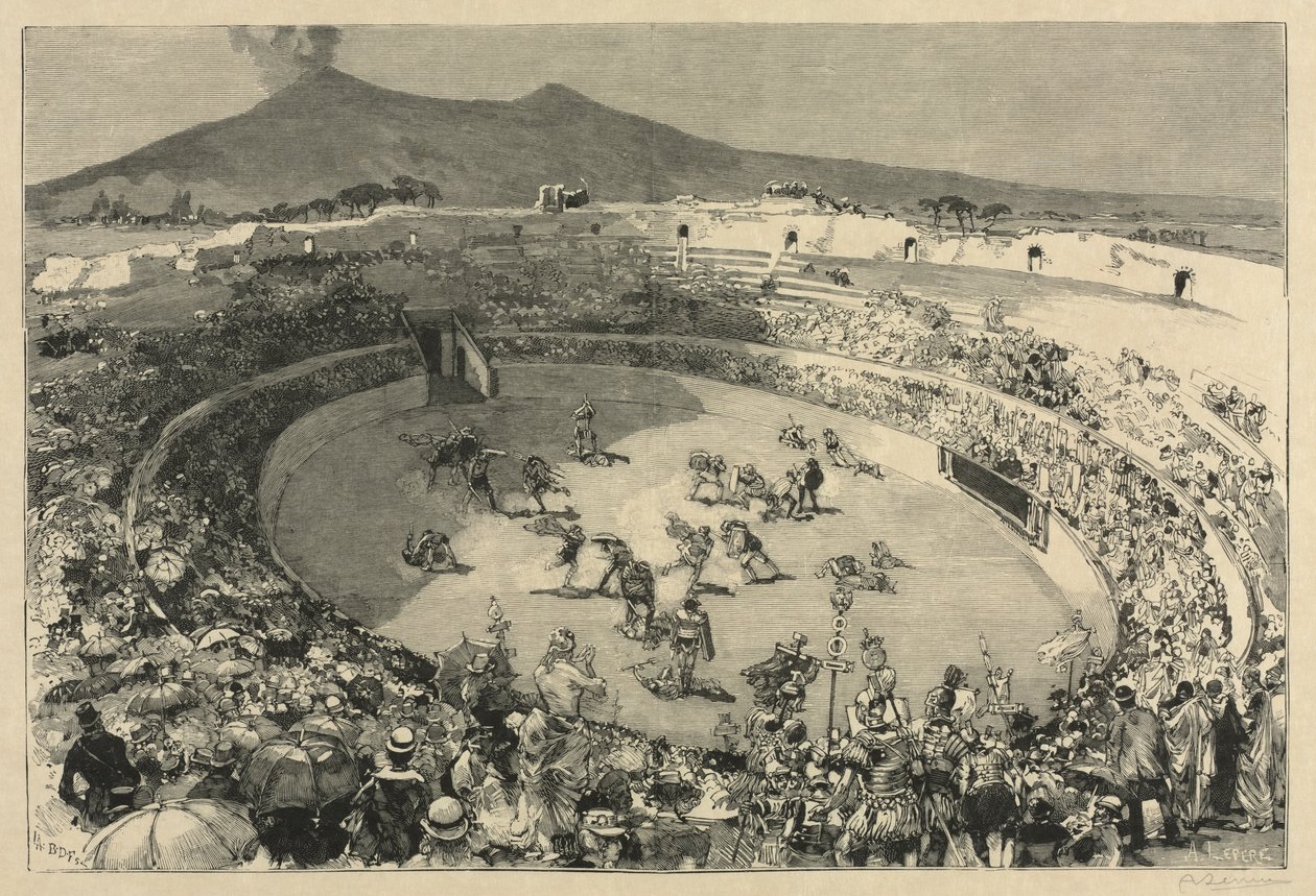Italien. Festivalen i Pompei, Gladiatorernas cirkus, 1884. av Auguste Louis Lepère