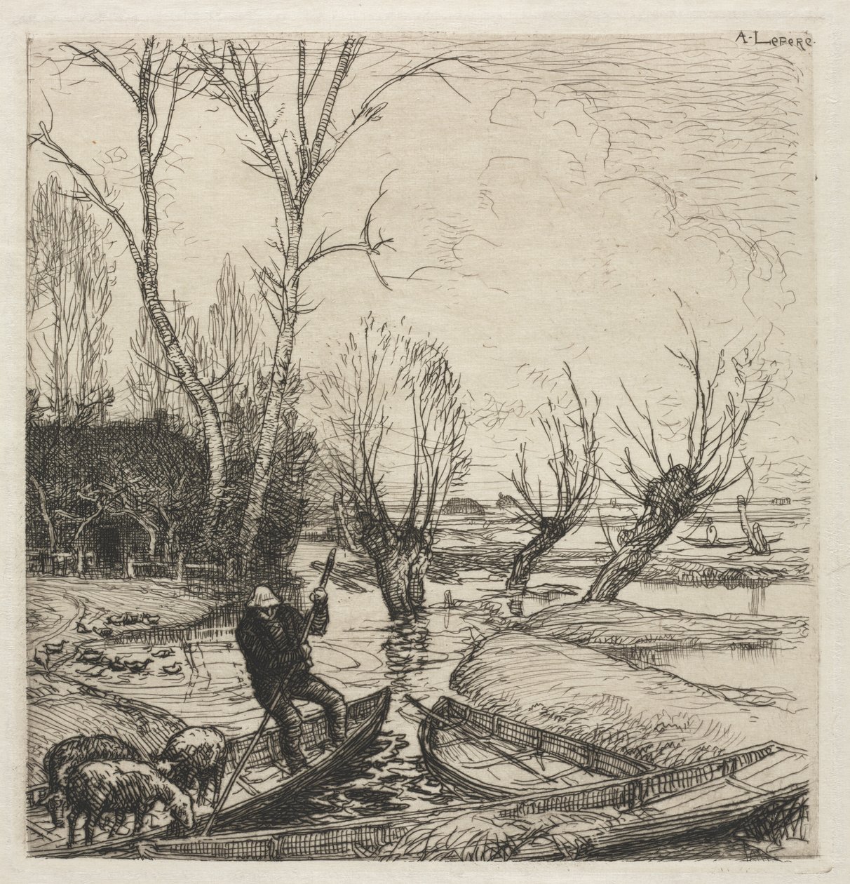 [Man i en båt med tre får] av Auguste Louis Lepère