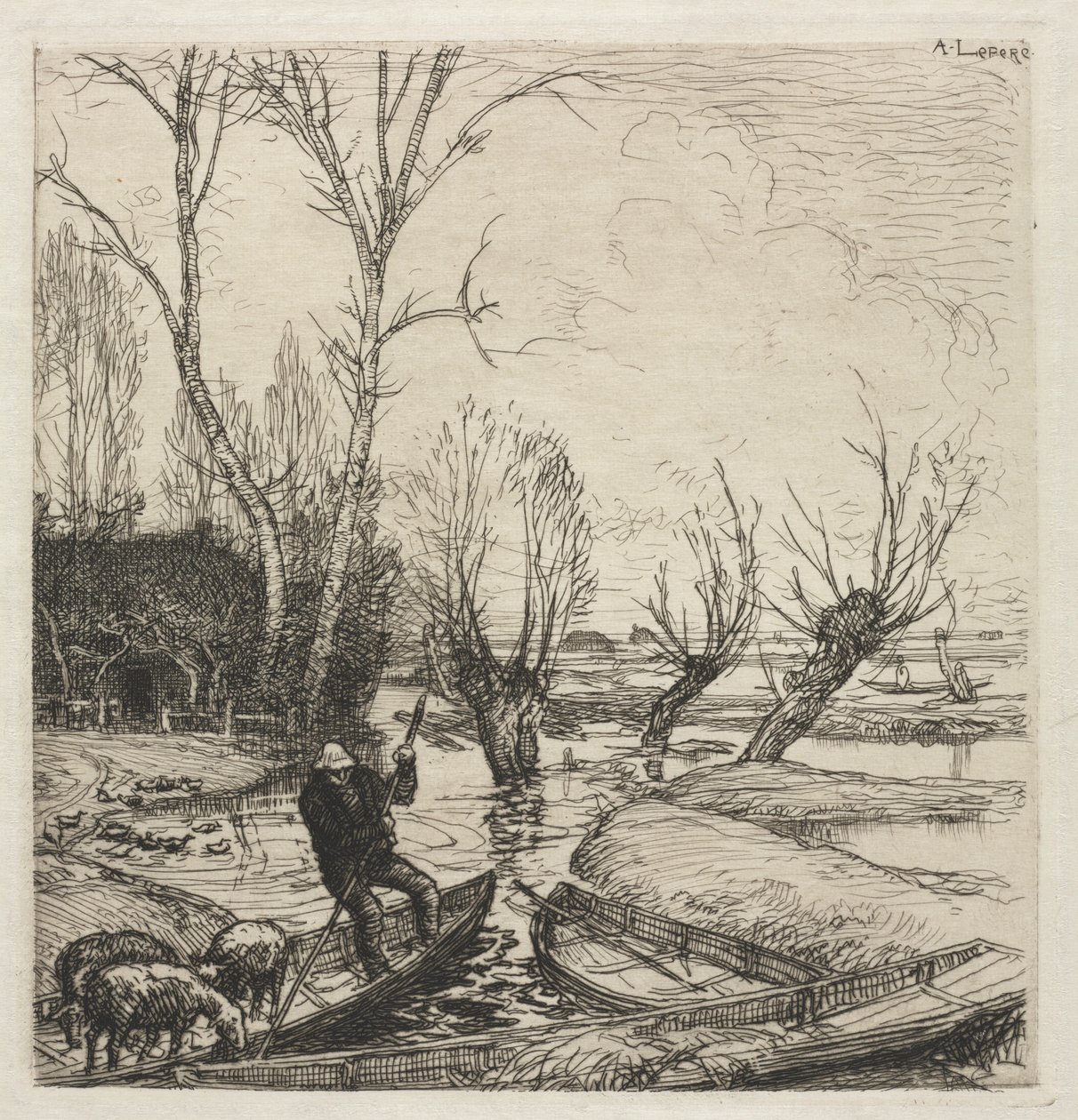 [Man i en båt med tre får]. av Auguste Louis Lepère