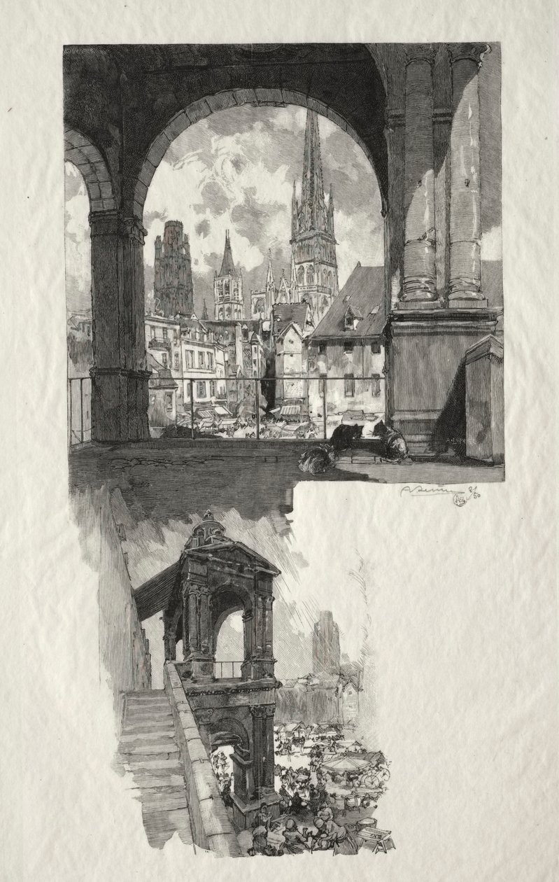 Illustrerad Rouen: Place de la Haute Vieille Tour; Aedicule of Pride av Auguste Louis Lepère
