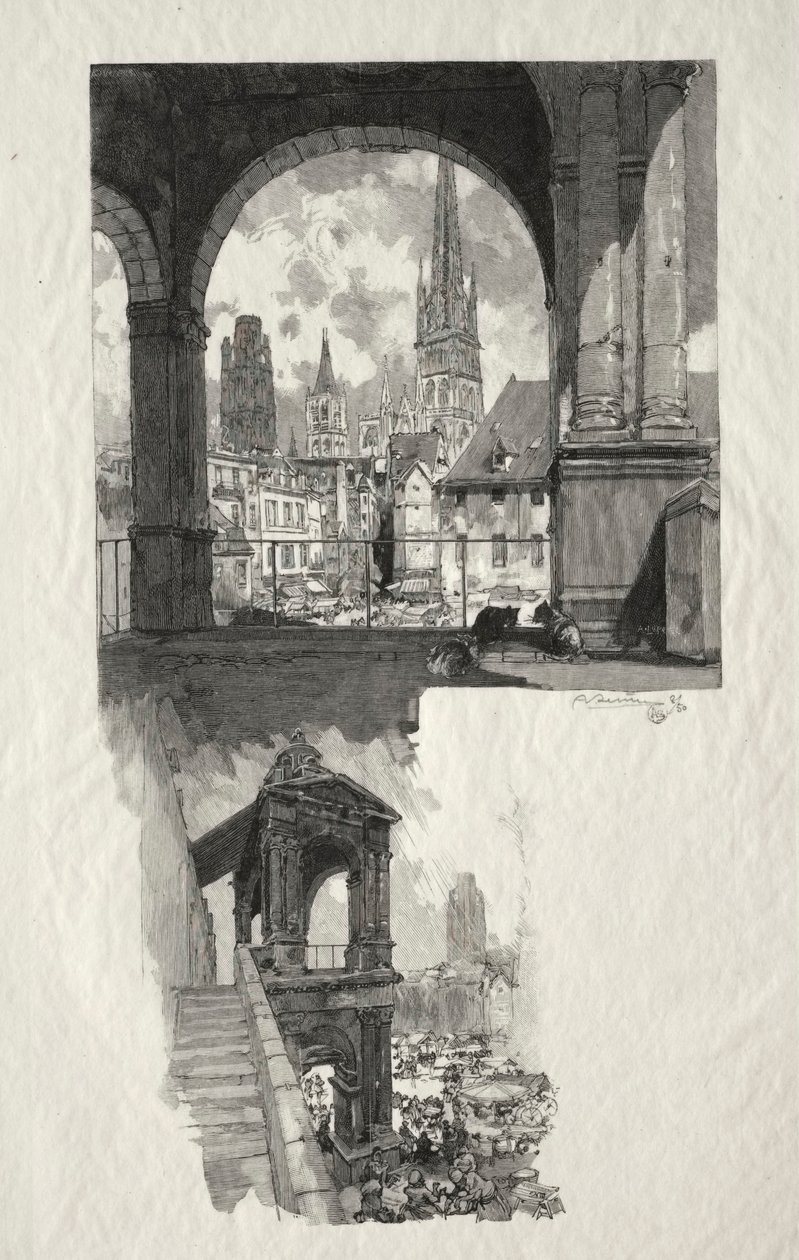 Illustrerad Rouen: Place de la Haute Vieille Tour, Edicule de la Fierte, 1896. av Auguste Louis Lepère