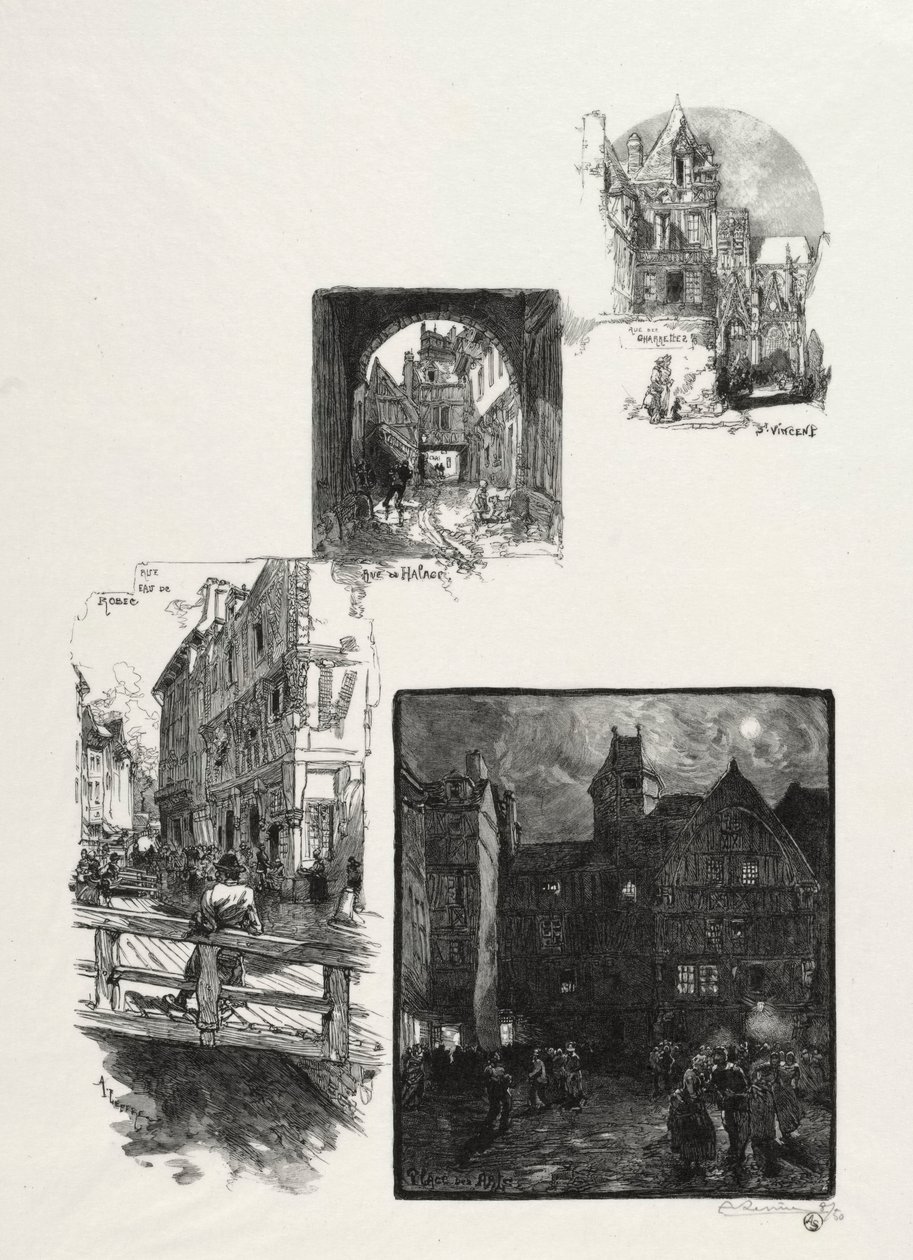 Illustrerad Rouen: Rue des Charretes; Halage Street; Rue Eau de Robec; Konsttorget av Auguste Louis Lepère