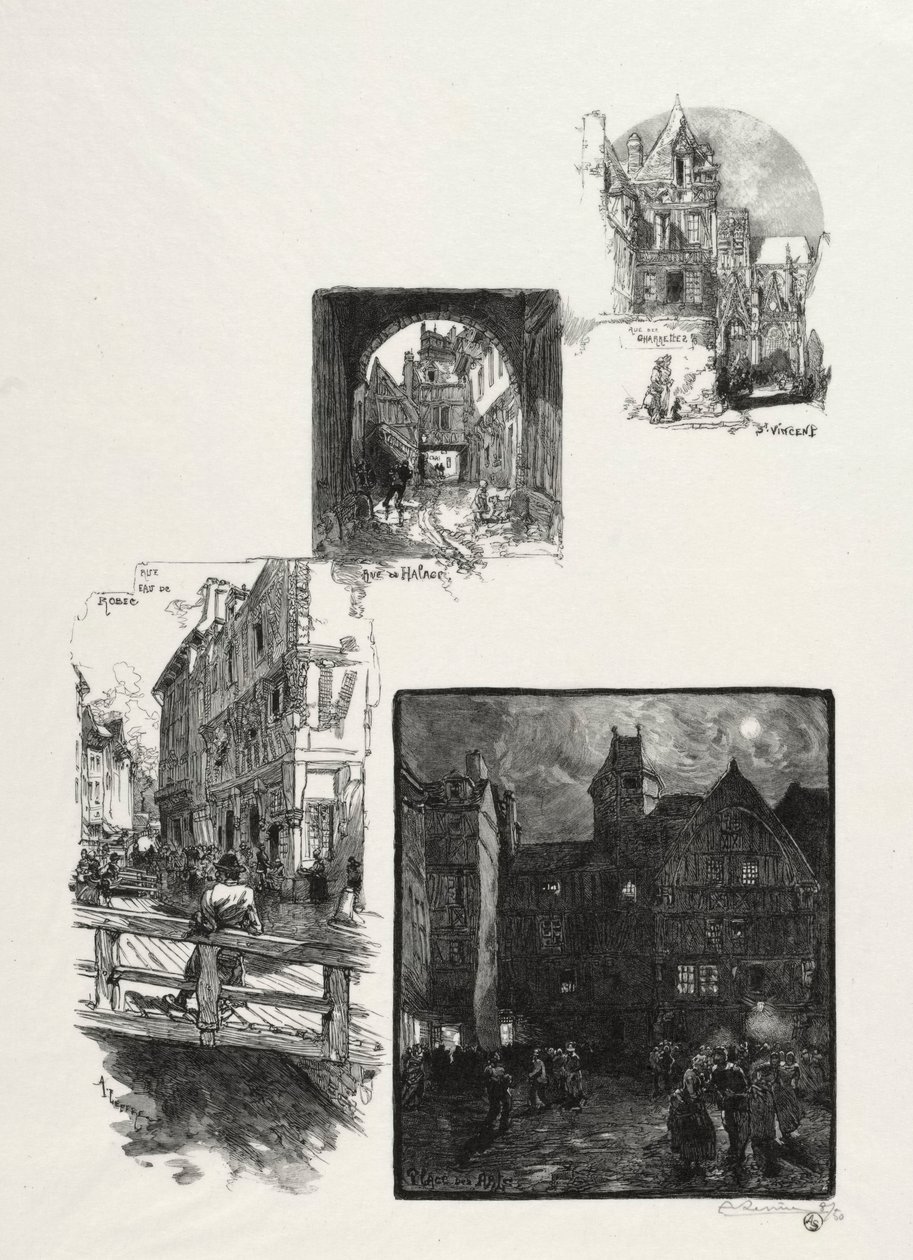 Illustrerad Rouen: Rue des Charretes, Rue de Halage, Rue Eau de Robec, Place des Arts, 1896. av Auguste Louis Lepère
