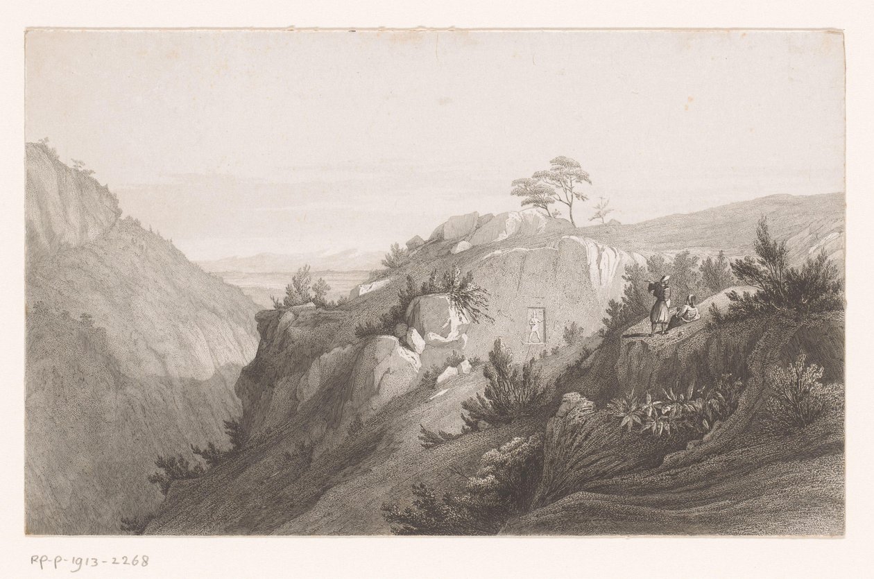 Bergslandskap med en figur uthuggen i klipporna av Auguste Numans (attributed to)