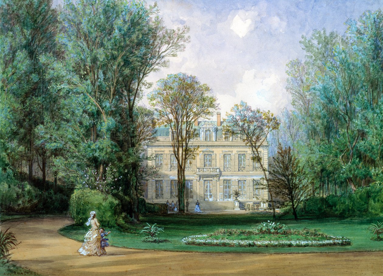 Hotel Rainbeaux, Avenue des Champs Elysees och 57 Rue de Ponthieu, Paris, 1868 (wc på papper) av Auguste Paul Charles Anastasi