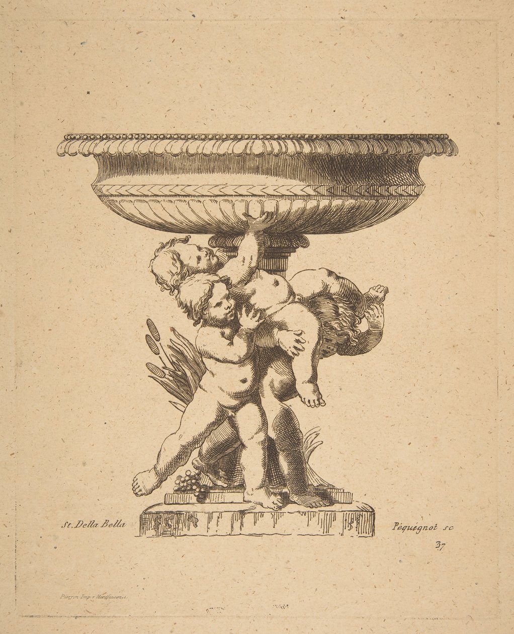 Prydnadsdesign av tre barn som håller upp en fontän, 1800-tal. av Auguste Pequegnot