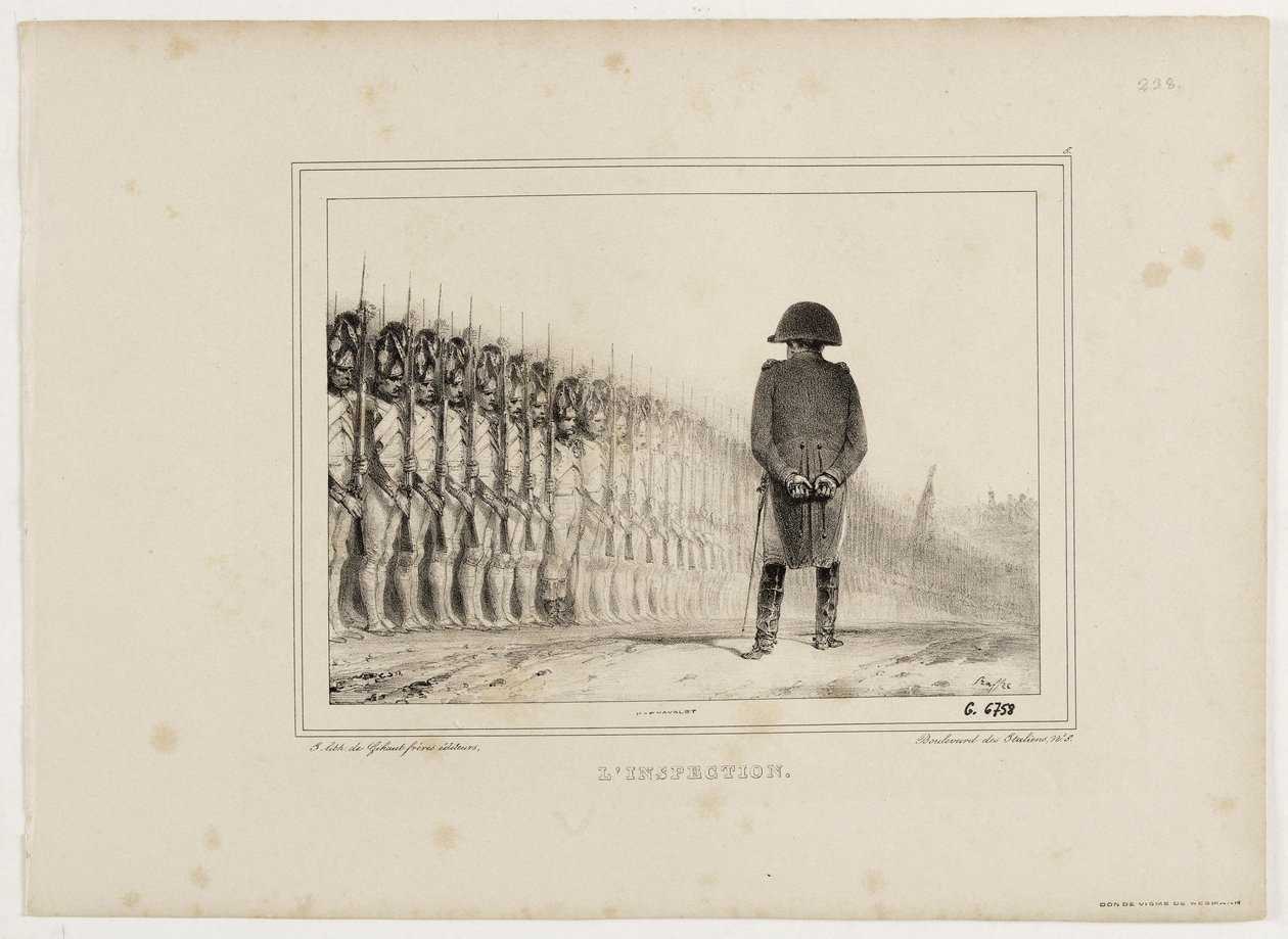 Litografialbum från 1833, nr 5: Inspektionen. av Auguste Raffet