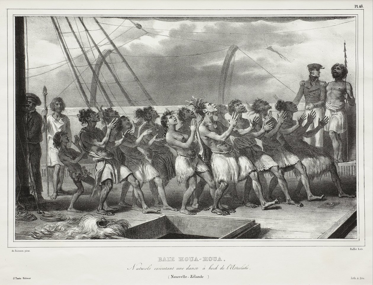 Houa-Houa-bukten, infödda som utför en dans ombord på Astrolabe (Nya Zeeland), [Uawa/Tolaga Bay, Natives Performing a Haka on Board the Astrolabe (New Zealand)] av Auguste Raffet
