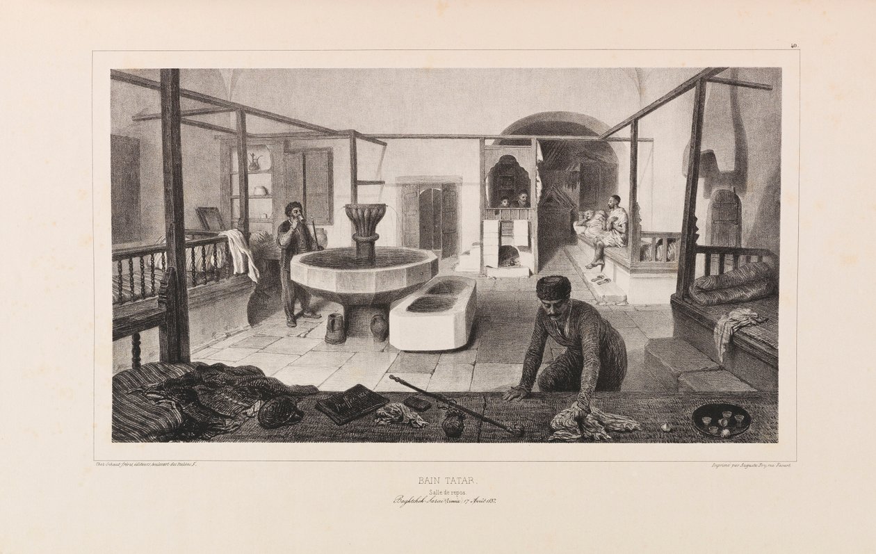 Tatarisk bad, vilrum. Från Voyage dans la Russie av Anatole de Demidoff, 1837. av Auguste Raffet
